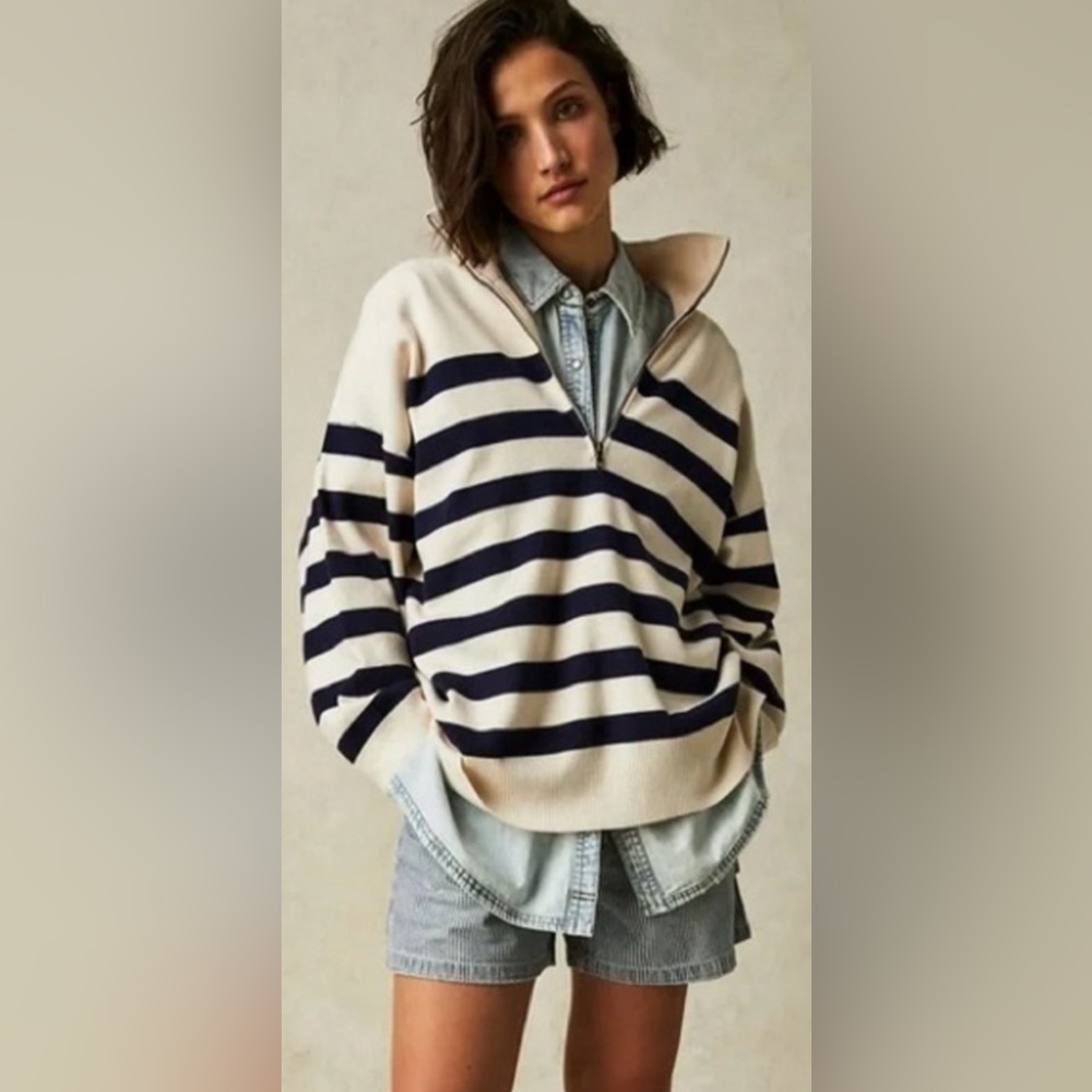 Free People Coastal Stripe PullOver,Size-Small(Oversized);P2P approx-27”-27.25”